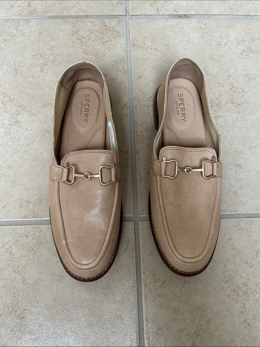 Sperry Women's Beige Leather Bit Loafers with Gold Hardware